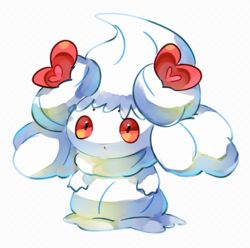  alcremie alcremie_(love_sweet) full_body heart jaibus no_humans pokemon pokemon_(creature) red_eyes simple_background solo standing white_background white_theme 