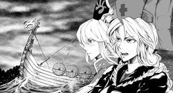  2girls braid closed_mouth cloud cloudy_sky greyscale hair_between_eyes hat junko_(touhou) kikoka_(mizuumi) long_hair longship looking_to_the_side monochrome multiple_girls open_mouth sky touhou upper_body yagokoro_eirin 