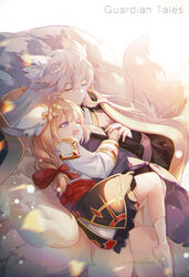  1boy animal_ears artist_name closed_mouth eight-tailed_fox_nari female fox_boy fox_ears fox_girl fox_tail grey_hair guardian_tales hair_ornament highres holding_hands hug korean_clothes long_hair looking_at_another multiple_tails nana895 nine_tailed_fox_garam one_eye_closed open_mouth orange_hair ponytail sleeping tail white_background white_legwear 