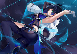  :d armpits ass asymmetrical_gloves black_hair black_pants blunt_bangs bracelet breasts chinese_clothes choker cleavage commentary_request dark_hound_3 earrings elbow_gloves female fingerless_gloves from_below fur-trimmed_jacket fur_trim genshin_impact gloves green_eyes high_heels highres jacket jacket_on_shoulders jewelry long_sleeves looking_at_viewer mismatched_gloves open_clothes open_jacket pants parted_lips short_hair sidelocks simple_background sleeveless smile solo standing standing_on_one_leg string vision_(genshin_impact) white_jacket yelan_(genshin_impact) 