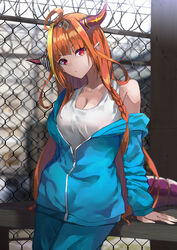  ahoge alternate_costume arm_support barbed_wire bare_shoulders black_hairband blonde_hair blue_jacket blue_pants blurry blurry_background braid breasts brown_hair chain-link_fence cleavage closed_mouth commentary_request depth_of_field dragon_girl dragon_horns dragon_tail female fence hair_ornament hairband highres hololive horns jacket kiryu_coco konkito long_hair long_sleeves looking_at_viewer medium_breasts multicolored_hair off_shoulder open_clothes open_jacket pants pointy_ears red_eyes side_braid single_braid sleeves_past_wrists solo streaked_hair tail tank_top track_jacket v-shaped_eyebrows very_long_hair virtual_youtuber white_tank_top 