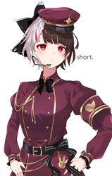  alternate_hair_length alternate_hairstyle belt black_bow black_hair blush bow dress female grey_hair hairbow hands_on_own_hips headset highres hikari_yui long_sleeves looking_at_viewer military military_uniform multicolored_hair nijisanji open_mouth parted_lips red_dress red_eyes red_hair red_headwear short_hair simple_background solo split-color_hair standing streaked_hair two-tone_hair uniform virtual_youtuber white_background yorumi_rena yorumi_rena_(2nd_costume) 