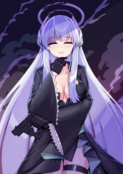  alternate_costume black_dress black_gloves blue_archive blunt_bangs breasts broken_halo cleavage commentary cosplay dark_persona dress female flareza gloves grey_hair gun halo hand_on_own_chin handgun headgear highres holding holding_gun holding_weapon long_hair long_sleeves looking_at_viewer mechanical_halo noa_(blue_archive) purple_eyes shiroko_(blue_archive) shiroko_terror_(blue_archive) shiroko_terror_(blue_archive)_(cosplay) side_slit sidelocks smile smoke solo weapon wide_sleeves 