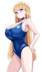  bare_shoulders blonde_hair blue_eyes blue_one-piece_swimsuit blush breasts cleavage closed_mouth competition_swimsuit female highres huge_breasts lina_(michihasu) long_hair looking_at_viewer michihasu multicolored_eyes one-piece_swimsuit original purple_eyes simple_background solo swimsuit thighs wet white_background 