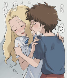  2girls ^^^ anna_(omoide_no_marnie) arm_grab blonde_hair blue_ribbon blue_shirt blush breath brown_hair closed_eyes commentary_request dress from_behind hands_on_another&#039;s_shoulders heart heavy_breathing incest kissing kissing_neck long_hair marnie_(omoide_no_marnie) meis_(terameisu) multiple_girls off-shoulder_shirt off_shoulder omoide_no_marnie profile ribbon shirt short_hair spoken_heart sweat translation_request white_dress yuri 