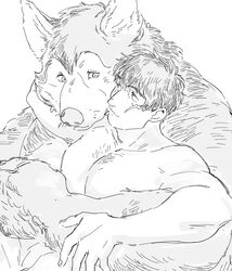  2boys alternate_pectoral_size bara character_request chest_hair completely_nude couple eye_contact furrification furry furry_male furry_with_non-furry greyscale hug hug_from_behind interspecies kekkai_sensen large_pectorals looking_at_another male_focus mature_male monochrome multiple_boys muscular muscular_male nore_(boosuke) nude pectorals short_hair sideburns smile steven_a._starphase upper_body whiskers wolf_boy yaoi 