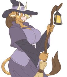  5_fingers anthro big_breasts bovid bovine breasts broom brown_body brown_eyes brown_fur brown_hair cattle cleaning_tool clothing european_mythology female fingers fur furgonomics greek_mythology hair hat headgear headwear hi_res holding_object horn huge_breasts lamp lantern long_hair looking_aside magic_user mammal markings minotaur molly_(slightlysimian) motion_lines mythology pink_nose ponytail simple_background slightlysimian smile solo tail tail_tuft tuft white_background white_horn witch witch_hat 