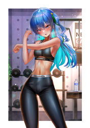  absurdres alternate_costume armpits black_sports_bra blue_eyes blue_hair blush border bottle breasts breath crossed_arms earrings exercise_machine feet_out_of_frame female flat_chest green_ribbons grey_eyes gym hair_ornament hair_ribbon highres hololive hoshimachi_suisei indoors jagoo jewelry long_hair looking_at_viewer multicolored_hair official_alternate_hair_length official_alternate_hairstyle pants plant ribbon small_breasts sports_bra sportswear star_(symbol) star_hair_ornament star_in_eye stomach stretching sweat symbol_in_eye two-tone_hair variant_set virtual_youtuber water_bottle weights white_border 