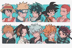  6+boys aqua_background asakura_yoh black_eyes black_hair bleach blonde_hair blue_eyes boku_no_hero_academia brown_eyes collared_shirt company_connection dragon_ball dragon_ball_(classic) finger_in_ear freckles gintama green_hair grey_hair haikyuu!! headband hinata_shouyou jewelry kamado_tanjirou kimetsu_no_yaiba kurosaki_ichigo looking_at_viewer male_focus midoriya_izuku monkey_d._luffy multiple_boys naruto_(series) necklace one_piece orange_eyes orange_hair parted_lips red_hair red_shirt sakata_gintoki sakuragi_hanamichi scar scar_on_face scar_on_forehead shaman_king shirt short_hair shounen_jump slam_dunk_(series) smile son_goku sword tank_top uzumaki_naruto uzuta weapon weekly_shounen_jump white_shirt 