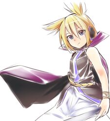  blonde_hair blue_eyes bracelet cape closed_mouth commentary_request earmuffs expressionless female ginnkei hair_between_eyes holding holding_stick jewelry looking_at_viewer one-hour_drawing_challenge pointy_hair purple_cape ritual_baton shirt short_hair simple_background sleeveless sleeveless_shirt solo stick touhou toyosatomimi_no_miko white_background 