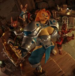  3d_(artwork) 5_toes accordion alcohol anthro armor bar beverage bird_dog blonde_hair boob_armor breastplate breasts canid canine canis claws cleavage clothed clothing digital_media_(artwork) dobermann dog_knight_rpg domestic_dog drunk feet female fox fur golden_retriever group hair hi_res hunting_dog jeane_(ceehaz) larger_female maci_(ceehaz) male mammal musical_instrument pauldron pinscher pomeranian retriever rory_(ceehaz) size_difference spitz substance_intoxication tales_of_scale tan_body tan_fur toe_claws toes 