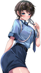  alternate_costume blue_eyes blue_shirt blush breasts brown_hair cuffs eyewear_on_head female full-face_blush handcuffs highres holding holding_handcuffs hololive large_breasts looking_at_viewer moonbell necktie oozora_subaru pencil_skirt police police_uniform policewoman shirt shirt_tucked_in short_hair simple_background skirt solo sunglasses sweatdrop swept_bangs uniform virtual_youtuber white_background yellow-framed_eyewear 