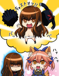  2girls :3 :d animal_ear_fluff animal_ears aura blue_bow blue_kimono bow brown_eyes brown_hair chibi drooling fate/extra fate/extra_ccc fate_(series) female_pervert fox_ears fox_girl fox_tail frown hair_between_eyes hairbow hand_on_own_chin isse japanese_clothes kimono kishinami_hakuno_(female) long_hair long_sleeves looking_at_another looking_up multiple_girls obi panties pervert pink_hair riyo_(lyomsnpmp)_(style) sash sidelocks smile split_ponytail tail tamamo_(fate) tamamo_no_mae_(fate/extra) tsukumihara_academy_uniform_(fate/extra_ccc) underwear wavy_hair white_panties wide_sleeves yellow_eyes 