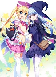  2girls ahoge bag black_cat blonde_hair blue_eyes blue_hair cat_tail choker feline fumio_(ura_fmo) gloves grisaia_(series) grisaia_no_kajitsu hat holding_hands idol_mahou_shoujo_chiruchiru_michiru interlocked_fingers kazami_kazuki light_blue_hair long_hair long_sleeves looking_at_viewer matsushima_michiru midriff mouse_(animal) multiple_girls non-web_source oerba_yun_fang official_art open_mouth pantyhose photoshop_(medium) pink_skirt red_eyes short_sleeves shoulder_bag skirt starry_background tail thick_eyebrows thighhighs twintails watanabe_akio white_gloves white_legwear witch_hat 