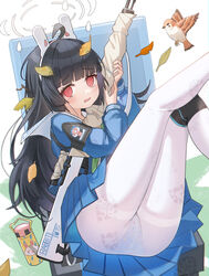  absurdres armband ass black_hair blue_archive blue_shirt blue_skirt blunt_bangs blush bolt_action clothes_lift dirty dirty_clothes female green_neckerchief gun gun_sling halo headgear highres knee_pads leaf leaf_on_head long_hair long_sleeves miniskirt miyu_(blue_archive) mosin-nagant neckerchief oh_kyoung_hwan panties panties_under_pantyhose pantyhose pleated_skirt rifle scope shirt shoe_print sidelocks single_knee_pad skirt skirt_lift solo underwear weapon white_panties white_pantyhose 