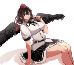  bird_wings black_hair black_ribbon black_skirt black_wings breasts buttons calligraphy_brush collared_shirt cropped_legs feet_out_of_frame female ghostship55 hat highres large_breasts medium_hair paintbrush red_eyes ribbon shameimaru_aya shirt short_sleeves simple_background sitting skirt solo tokin_hat touhou white_background white_shirt wings 