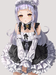  alternate_costume bare_shoulders black_bow black_skirt blunt_bangs bow brown_eyes bun_cover commentary_request detached_sleeves female forehead frilled_skirt frills grey_background grey_hair hair_bun hairband highres hololive konkito lolita_hairband long_hair long_sleeves murasaki_shion parted_lips puffy_long_sleeves puffy_sleeves simple_background single_hair_bun single_side_bun skirt sleeves_past_wrists solo v_arms virtual_youtuber white_sleeves 