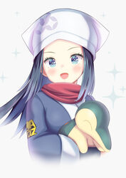  :d akari_(pokemon) black_hair black_undershirt blue_eyes blush commentary cyndaquil dorai eyelashes female galaxy_expedition_team_survey_corps_uniform head_scarf highres holding holding_pokemon jacket long_hair open_mouth pokemon pokemon_(creature) pokemon_legends:_arceus red_scarf scarf sidelocks smile tongue white_headwear 