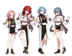  4girls :d amagi_rinne ankle_boots asymmetrical_pants bare_shoulders black_footwear black_pants black_shirt black_shorts black_skirt blue_eyes blue_hair blush boots breasts brown_eyes closed_mouth commentary crazy_b_(ensemble_stars!) crop_top ensemble_stars! genderswap_(mtf) grey_hair hair_between_eyes hand_on_own_hip hand_up high_heel_boots high_heels himeru_(ensemble_stars!) houndstooth jacket long_sleeves medium_breasts midriff multiple_girls navel off_shoulder open_clothes open_jacket open_mouth oukawa_kohaku pants parted_bangs pink_hair puffy_long_sleeves puffy_sleeves purple_eyes red_hair rule_63 shiina_niki shirt shoes short_shorts shorts simple_background skirt sleeves_past_wrists small_breasts smile standing tongue tongue_out v-shaped_eyebrows white_background white_jacket white_shirt yamabukiiro 