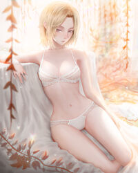  annie_leonhart blonde_hair blue_eyes blurry blurry_background bra breasts english_commentary female highres jewelry lingerie looking_at_viewer mcdobo medium_breasts navel panties parted_bangs parted_lips ring shingeki_no_kyojin short_hair solo thighs underwear white_bra white_panties 