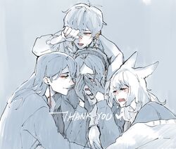  3boys black_hair blue_background covered_face crying crying_with_eyes_open dana86 earrings english_text extra_ears female fox_girl glasses grey_hair headband hood hoodie hug ike_eveland jewelry mature_female medium_hair monochrome multiple_boys mysta_rias nijisanji nijisanji_en nina_kosaka short_hair single_earring tears virtual_youtuber vox_akuma yellow_eyes 