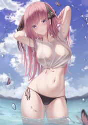  arms_behind_head arms_up ass_visible_through_thighs bikini bikini_under_clothes black_bikini black_ribbon breasts bug butterfly butterfly_hair_ornament cloud collarbone commentary cowboy_shot crop_top day english_commentary female front-tie_top go-toubun_no_hanayome hair_ornament hair_ribbon halterneck hand_in_own_hair hands_in_hair highres large_breasts long_hair looking_at_viewer marinesnow nakano_nino navel no_pants outdoors parted_lips pink_hair purple_eyes ribbon see-through shirt short_sleeves side-tie_bikini_bottom smile solo standing stomach string_bikini sunlight swimsuit tied_shirt two_side_up wading water wet wet_clothes wet_shirt white_shirt 