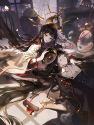  2girls black_eyes black_hair black_nails blunt_bangs closed_eyes closed_mouth comb commentary_request eyebrows_hidden_by_hair glint gold highres holding holding_mask japanese_clothes kimono kuusou_menreiki lap_pillow long_hair looking_at_viewer lying mask menreiki multiple_girls on_back onmyoji ruoganzhao sidelocks tassel very_long_hair white_kimono 