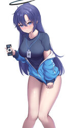  absurdres black_shirt blue_archive blue_buruma blue_eyes blue_hair blue_jacket blush breasts buruma cello cellphone closed_mouth collarbone commentary dutch_angle facial_mark feet_out_of_frame female hair_between_eyes halo highres holding holding_phone instrument jacket knees_together_feet_apart lanyard large_breasts long_hair long_sleeves looking_at_viewer mechanical_halo neko_punch_(user_hddm3373) nose_blush off_shoulder open_clothes open_jacket parted_bangs phone puffy_long_sleeves puffy_sleeves shirt short_sleeves simple_background sleeves_past_wrists smartphone solo star_(symbol) thighs track_jacket very_long_hair white_background yuuka_(blue_archive) yuuka_(track)_(blue_archive) 