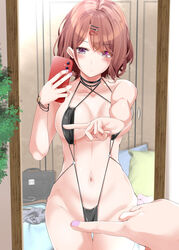  absurdres bag blush breasts brown_hair cellphone choker closed_mouth collarbone covered_nipples covering_crotch covering_privates female female_pov full-length_mirror hair_ornament hairclip halterneck handbag has_bad_revision has_downscaled_revision highres higuchi_madoka holding holding_phone idolmaster idolmaster_shiny_colors indoors large_breasts looking_at_mirror md5_mismatch meme mirror mole mole_under_eye nail_polish navel one_finger_selfie_challenge_(meme) phone pov purple_eyes purple_nails reflection reflection_focus resolution_mismatch revealing_clothes selfie shirosuzu short_hair sidelocks slingshot_swimsuit smartphone solo source_smaller stomach swimsuit 