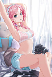  1other arknights armpits arms_up bare_arms bare_legs blue_eyes blue_poison_(arknights) blue_poison_(shoal_beat)_(arknights) blue_shorts blush breasts choker cleavage coat collarbone commentary crop_top doctor_(arknights) feet_out_of_frame female grin hairband highres looking_at_viewer medium_breasts midriff navel official_alternate_costume open_mouth parted_lips pink_choker pink_hair short_hair short_shorts shorts sitting smile stomach stretching swimsuit thighs wu_lun_wujin 