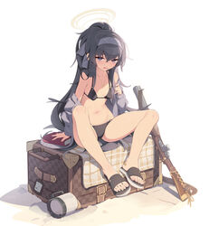  bare_shoulders bikini black_bikini black_hair blue_archive blue_eyes blush breasts collarbone de_lisle_carbine female grey_sweater gun hairband halo highres jewelry long_hair long_sleeves looking_at_viewer navel necklace open_clothes open_mouth pointy_breasts ponytail sandals sgt-jz sidelocks sitting small_breasts solo suitcase sweater swimsuit ui_(blue_archive) ui_(swimsuit)_(blue_archive) weapon 