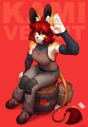  2019 5_fingers anthro barrel black_nose bottomwear breasts clothing digital_media_(artwork) felid female fingers footwear j_axer kami_cheetah_(aja_williams) mammal markings pants red_background red_eyes shoes simple_background sitting_on_barrel smile solo spots spotted_body 