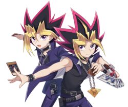  2boys :d bare_arms bare_shoulders belt black_belt black_shirt blonde_hair blue_cape blue_jacket blue_pants cape card chain_necklace chains collarbone dark_magician duel_disk dyed_bangs eye_of_horus highres holding jacket jewelry male_focus medium_hair millennium_puzzle multicolored_hair multiple_boys muto_yugi necklace nemu_mohu open_mouth pants purple_eyes shirt simple_background smile spiked_hair two-tone_hair white_background yami_yugi yu-gi-oh! yu-gi-oh!_duel_monsters 