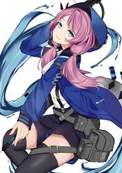  aqua_eyes arknights bag belt belt_pouch black_shorts black_thighhighs blue_jacket blue_poison_(arknights) blue_poison_(elite_ii)_(arknights) breasts chinese_commentary closed_mouth collared_shirt cowboy_shot crossbow doc.chen female hood hooded_jacket jacket light_smile long_hair long_sleeves looking_at_viewer medium_breasts needle open_clothes open_jacket pink_hair pouch satchel shirt short_shorts shorts simple_background smile solo suspender_shorts suspenders syringe thighhighs thighs twintails water weapon white_background white_shirt zettai_ryouiki 