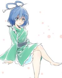  arm_support barefoot blue_eyes blue_hair breasts commentary_request cosplay crossed_legs dress female foot_out_of_frame frills ginnkei hair_between_eyes hair_ornament hair_rings hair_stick kaku_seiga looking_at_viewer one-hour_drawing_challenge open_mouth short_hair simple_background sitting solo touhou vest wakasagihime wakasagihime_(cosplay) white_background 