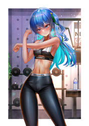  absurdres alternate_costume armpits black_sports_bra blue_eyes blue_hair blush border bottle breasts breath closed_mouth crossed_arms earrings exercise_machine feet_out_of_frame female flat_chest green_ribbons grey_eyes gym hair_ornament hair_ribbon highres hololive hoshimachi_suisei indoors jagoo jewelry long_hair looking_away multicolored_hair official_alternate_hair_length official_alternate_hairstyle pants plant ribbon small_breasts sports_bra sportswear star_(symbol) star_hair_ornament star_in_eye stomach stretching sweat symbol_in_eye two-tone_hair variant_set virtual_youtuber water_bottle weights white_border 