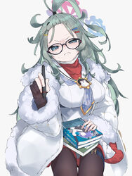  ahoge artist_glove bangs_pinned_back belt black-framed_eyewear black_gloves blue_archive blue_halo book breasts brown_pantyhose closed_mouth coat commentary_request cowboy_shot double_halo female frown fur-trimmed_coat fur_trim glasses gloves green_eyes green_hair grey_necktie halo hand_up highres holding holding_book holding_stylus huge_ahoge large_breasts long_hair makkurourufu meru_(blue_archive) neckerchief necktie open_clothes open_coat oppai_loli pantyhose partially_fingerless_gloves print_neckerchief red_sweater ribbed_sweater simple_background solo stylus sweater thigh_belt thigh_strap turtleneck turtleneck_sweater white_background white_coat 