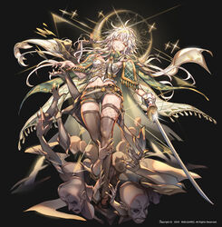  bare_shoulders black_background black_legwear breasts brown_eyes cape female gloves hero_cantare highres holding holding_sword holding_weapon long_hair looking_at_viewer medium_breasts multiple_hands navel official_art scar scar_on_arm short_shorts shorts single_glove solo sword the_god_of_high_school thick_thighs thighs very_long_hair weapon white_gloves white_hair yagaaaa yu_mira 