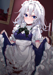  absurdres apron black_ribbon blood blood_on_clothes blood_on_face blue_dress blue_eyes blush braid breasts closed_mouth commentary dress eyelashes female green_ribbons hair_ribbon highres izayoi_sakuya kani_nyan maid maid_apron maid_headdress medium_breasts medium_hair neck_ribbon petticoat puffy_short_sleeves puffy_sleeves ribbon sash short_sleeves sidelocks skirt_hold solo touhou tress_ribbon twin_braids white_apron white_sash 