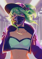  absurdres akali akali_(cosplay) alternate_costume bangs black_mask breasts cosplay covered_mouth crop_top female genshin_impact green_hair hair_ornament highres hood jacket k/da_(league_of_legends) k/da_akali kuki_shinobu league_of_legends looking_at_viewer mask mouth_mask navel ninja_mask ponytail purple_eyes purple_jacket shorts zephyrine-gale 