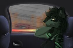  anthro bear black_clothing black_shirt black_t-shirt black_topwear breasts car car_interior car_seat clothed clothing digital_media_(artwork) driving female fur green_body green_eyes green_fur green_hair green_nose hair hand_on_head hi_res inside_car looking_away luciticio mammal pensive raining raylin shirt solo stain stripes t-shirt topwear vehicle window 