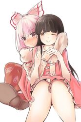  2girls ;) black_hair blunt_bangs blush bow commentary_request embarrassed feet_out_of_frame fujiwara_no_mokou ginnkei hairbow highres houraisan_kaguya hug hug_from_behind knees_together_feet_apart long_hair long_sleeves looking_at_another looking_to_the_side multiple_girls one_eye_closed red_eyes shirt simple_background sitting smile touhou very_long_hair white_background yuri 