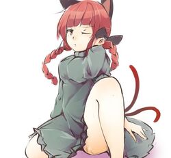  ;/ animal_ears arm_support blunt_bangs braid cat_ears cat_tail commentary_request dress extra_ears feet_out_of_frame female ginnkei kaenbyou_rin knee_up multiple_tails one-hour_drawing_challenge one_eye_closed red_eyes red_hair simple_background solo tail touhou twin_braids white_background 