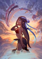  bikini black_hair blue_eyes breasts commentary_request dark-skinned_female dark_skin drednaw ear_piercing earrings female highres hoop_earrings jewelry jumping kuroi_susumu milotic mountainous_horizon nessa_(pokemon) ocean piercing pokemon pokemon:_twilight_wings pokemon_(creature) pokemon_swsh red_bikini sarong smile swimsuit wading wet 