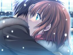  1boy alpha_(yukai_na_nakamatachi) black_hair blue_eyes brown_hair couple female fur-trimmed_hood fur_trim game_cg hair_between_eyes hood hood_down hug kuroda_yuuki kusaka_aina outdoors parted_lips profile short_hair snowing straight w.l.o_sekai_ren&#039;ai_kikou 