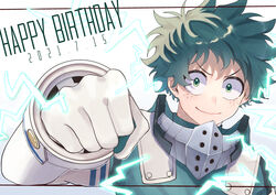  1boy absurdres blush bodysuit boku_no_hero_academia clenched_hand electricity foreshortening freckles gloves green_bodysuit green_eyes green_hair happy_birthday highres incoming_fist_bump looking_at_viewer male_focus mask midoriya_izuku rapiko smile solo unworn_mask v-shaped_eyebrows white_background white_gloves 