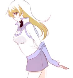  bare_shoulders blonde_hair breasts brown_eyes card duel_academy_uniform_(yu-gi-oh!_gx) elbow_gloves female fingerless_gloves from_side gloves grey_background holding holding_card large_breasts leaning_forward long_hair nemu_mohu profile purple_skirt shirt simple_background skirt smile solo tenjouin_asuka yu-gi-oh! yu-gi-oh!_gx 