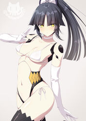  asami_asami bikini black_hair breasts choker commentary elbow_gloves fate/grand_order fate_(series) female gloves joints katou_danzou_(fate) kuji-in medium_breasts navel ponytail robot_joints shirt side-tie_bikini_bottom solo swimsuit twitter_username white_bikini white_gloves white_shirt yellow_eyes 