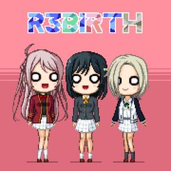  3girls black_hair blonde_hair dark_green_hair group_name hair_ornament long_hair long_sleeves looking_at_viewer love_live! love_live!_nijigasaki_high_school_idol_club mia_taylor mifune_shioriko multiple_girls nijigasaki_school_uniform noeejang o_o oerba_yun_fang pink_hair pixel_art r3birth_(love_live!) ribbon school_uniform short_hair zhong_lanzhu 