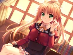  alpha_(yukai_na_nakamatachi) arisa_crain_femiluna backlighting black_sailor_collar black_skirt blonde_hair blush bow brown_bow closed_mouth collared_shirt crossed_legs dress_shirt dutch_angle earrings female floating_hair game_cg green_eyes hair_between_eyes hairbow hand_on_own_knee high-waist_skirt indoors jewelry long_hair long_sleeves miniskirt neck_ribbon ponytail ribbon sailor_collar shirt sitting skirt smile solo very_long_hair w.l.o_sekai_ren&#039;ai_kikou white_shirt wing_collar yellow_ribbon 